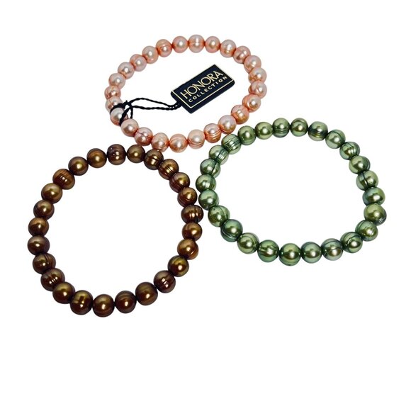 Set OF 3 Honora Freshwater Pearl Stretch Bracelets Brown, Green And Peach (5956) - Picture 2 of 3
